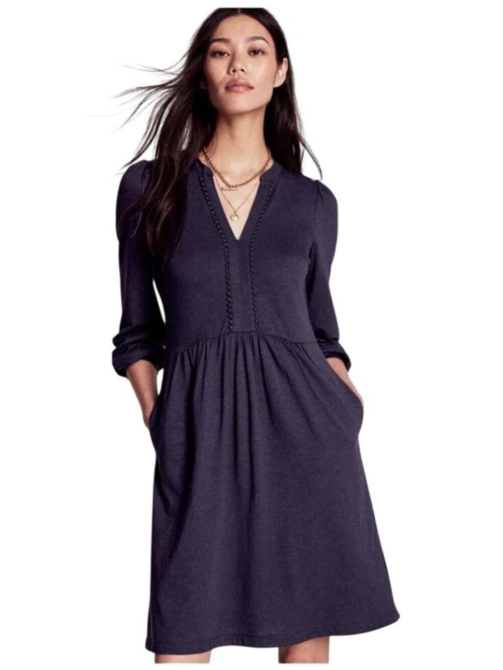 Boden Naomi Picot Trim Jersey Dress Sz 8R Navy Blue Relaxed V-Neck Boho Western